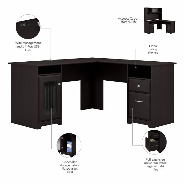 Bush Furniture Cabot 60W L Shaped Computer Desk with Hutch in Espresso Oak