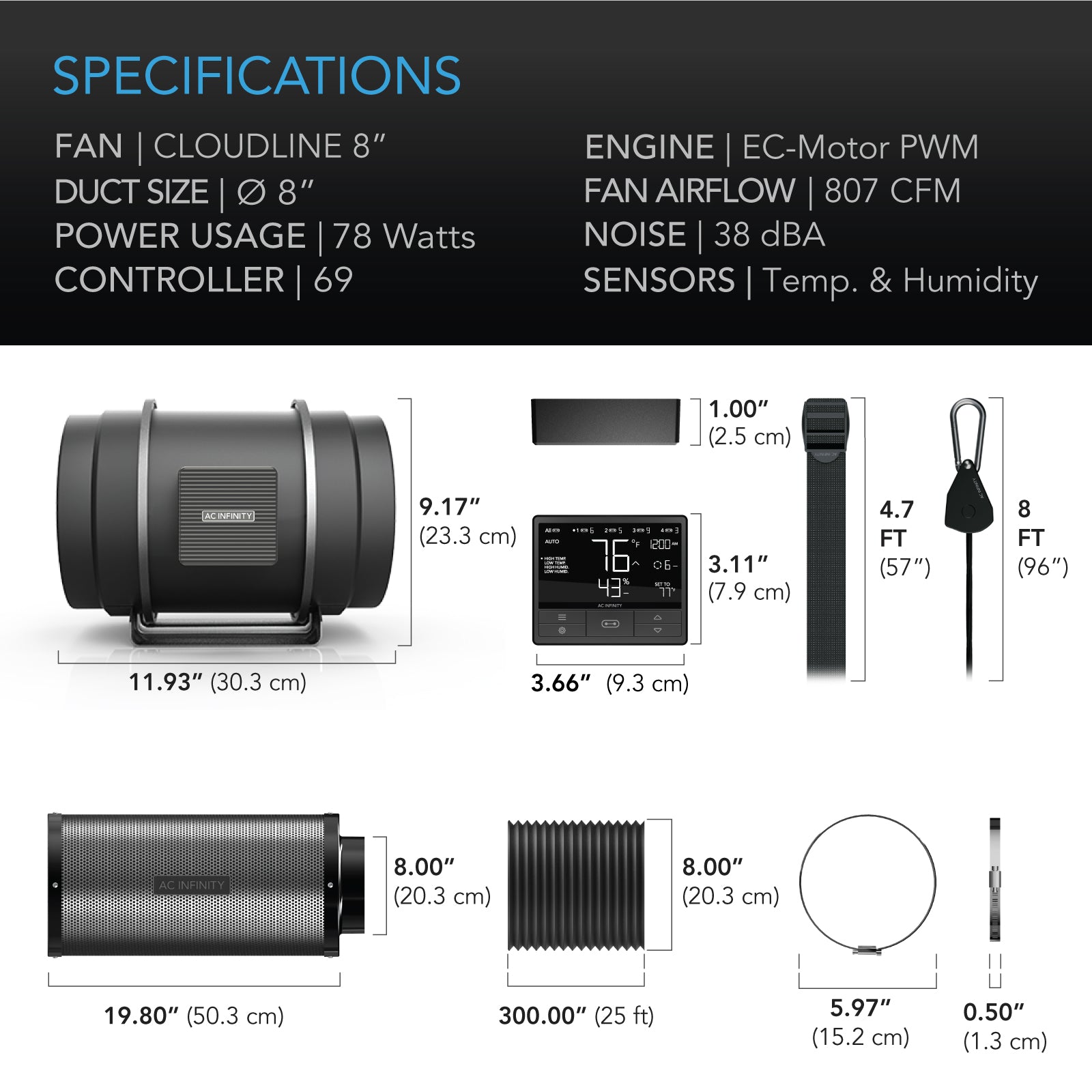 AC Infinity Air Filtration PRO Kit 8”， CLOUDLINE Inline Fan with CONTROLLER 69， Carbon Filter Ducting Combo， Cooling and Ventilation System for Grow Tents， Hydroponics， Indoor Gardening