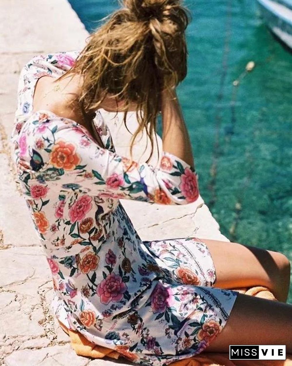 Women Casual Sexy Deep V Neck Bohemian Floral Print Sandbeach Mini Dress