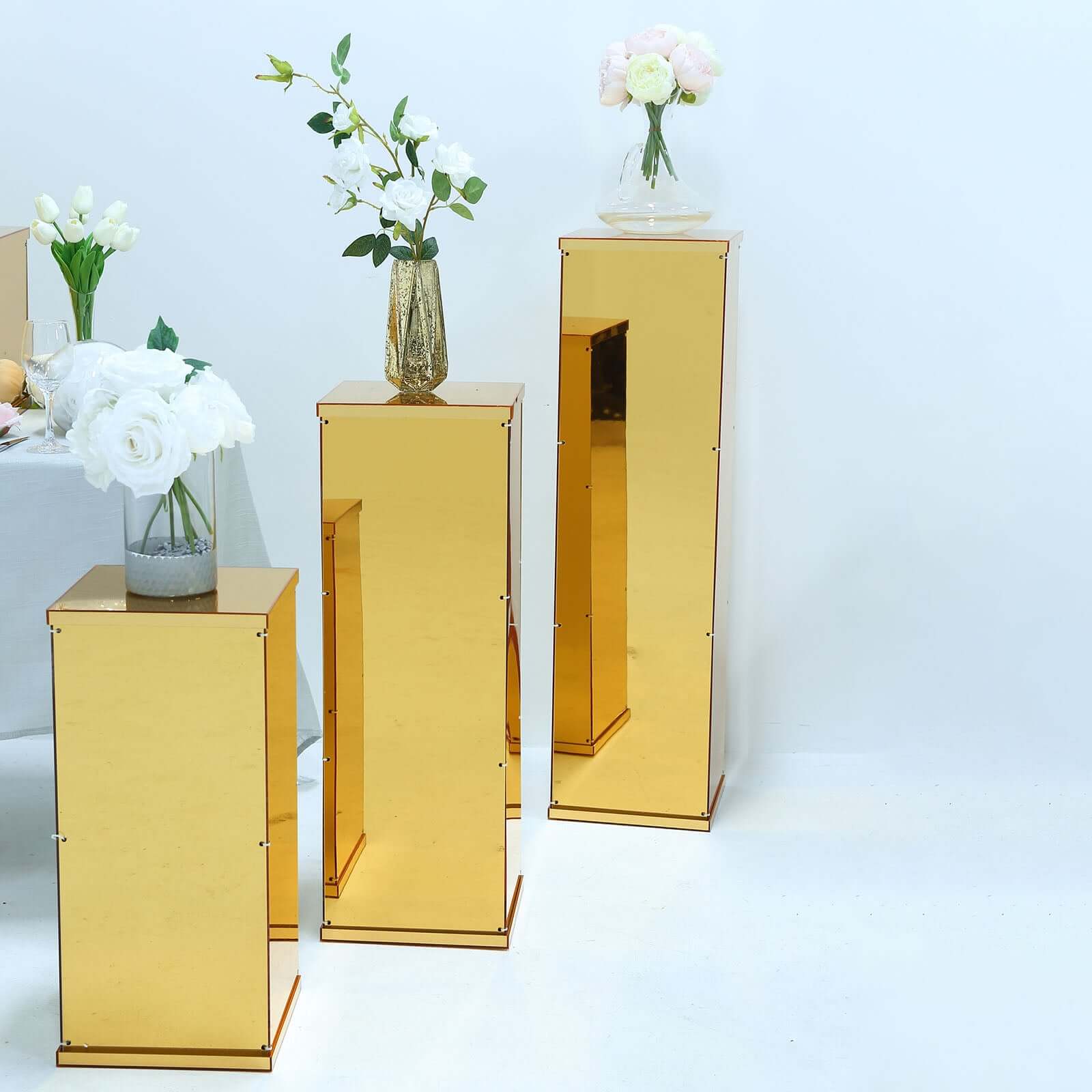 Floor Standing Gold Mirror Finish Acrylic Pedestal Riser, Display Box with Interchangeable Lid and Base 40