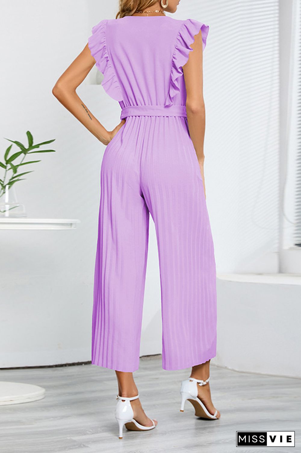 Sleeveless V Neck Ruffle Pleated Wide Leg Jumpsuit