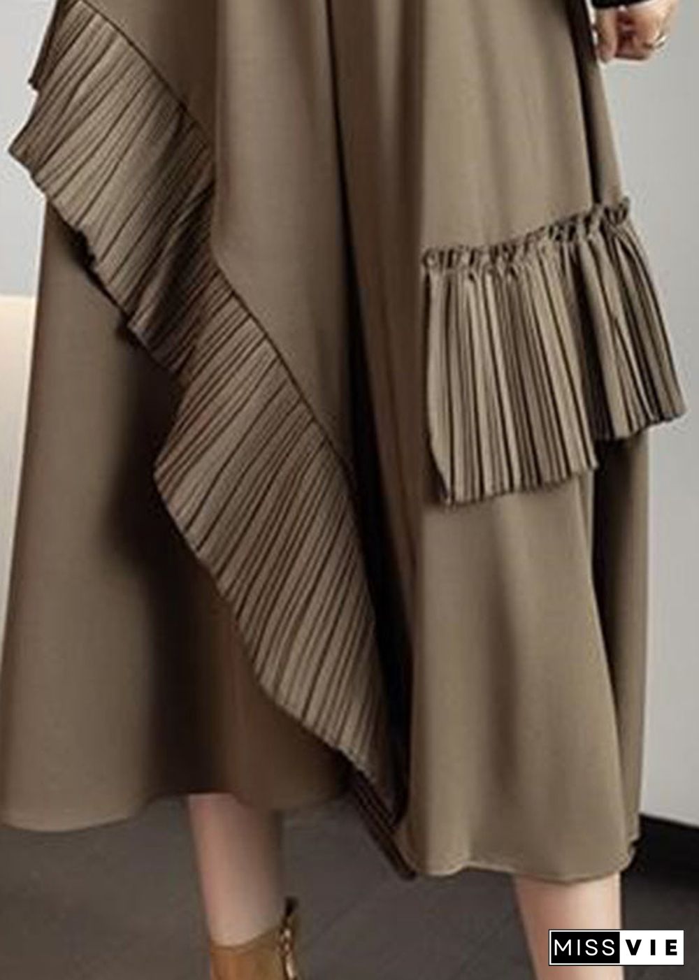 Plus Size Khaki Asymmetrical Tassel Elastic Waist Silk A Line Skirts Fall