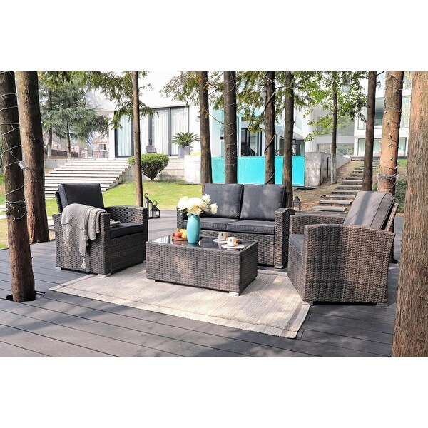 4 Person Patio Rattan Conversation Set with Grey Cushions Outdoor Tempered Glass Table