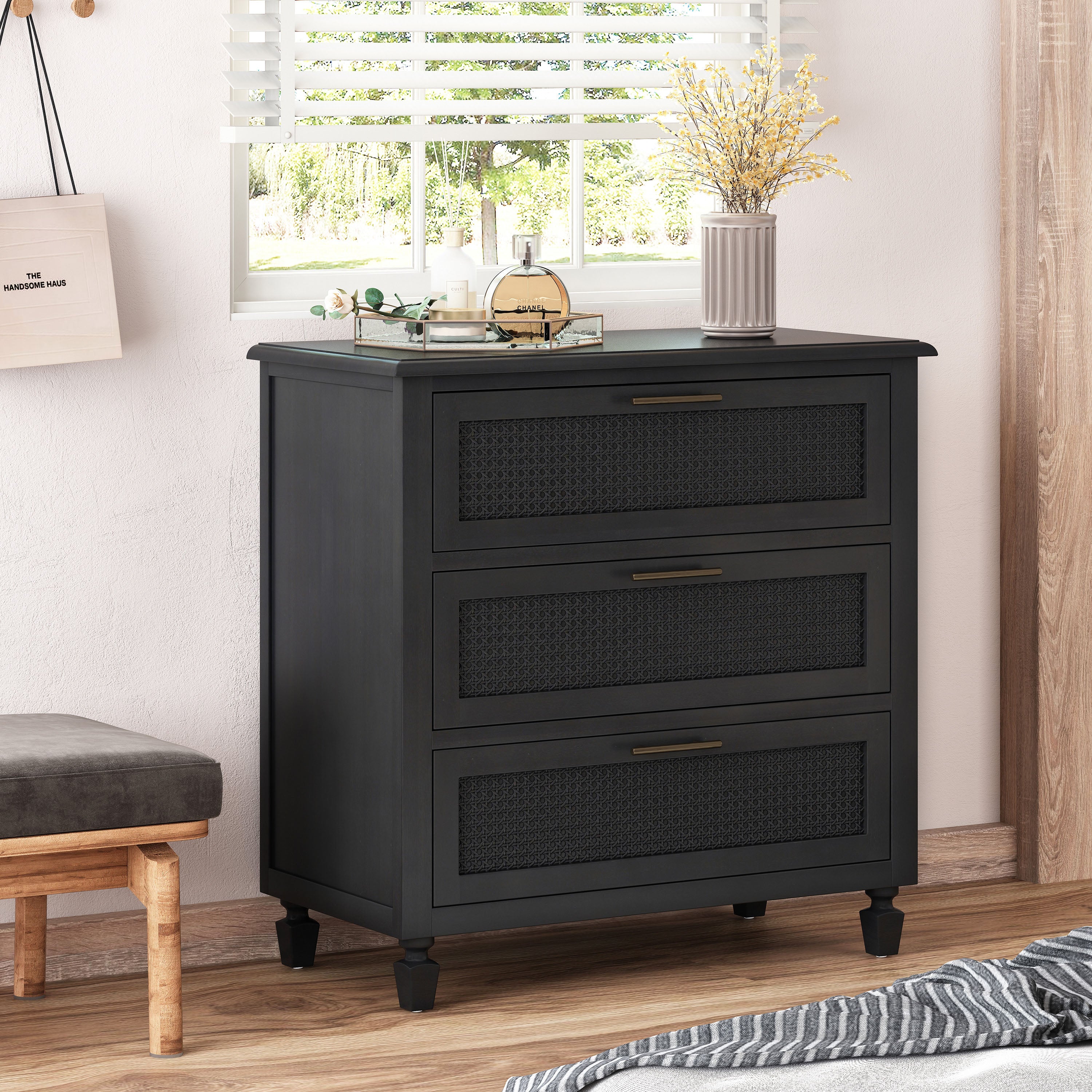 Pollards Rustic Acacia Wood and Cane 3 Drawer Dresser, Dark Gray