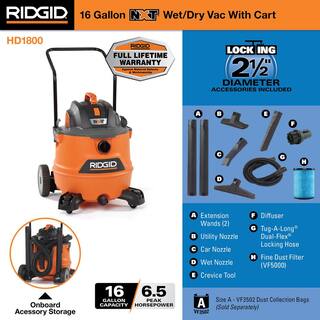 RIDGID 16 Gallon 6.5 Peak HP NXT WetDry Shop Vacuum with Cart Fine Dust Filter Locking Hose and Accessories HD1800