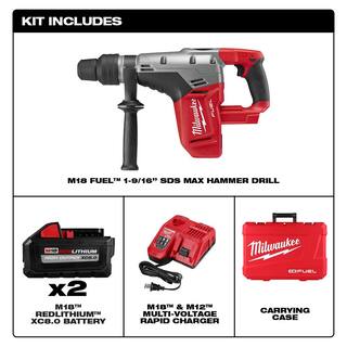 MW M18 FUEL 18V Lithium-Ion Brushless Cordless 1-916 in. SDS-Max Rotary Hammer Kit w Two 8.0Ah Batteries  Hard Case 2717-22HD