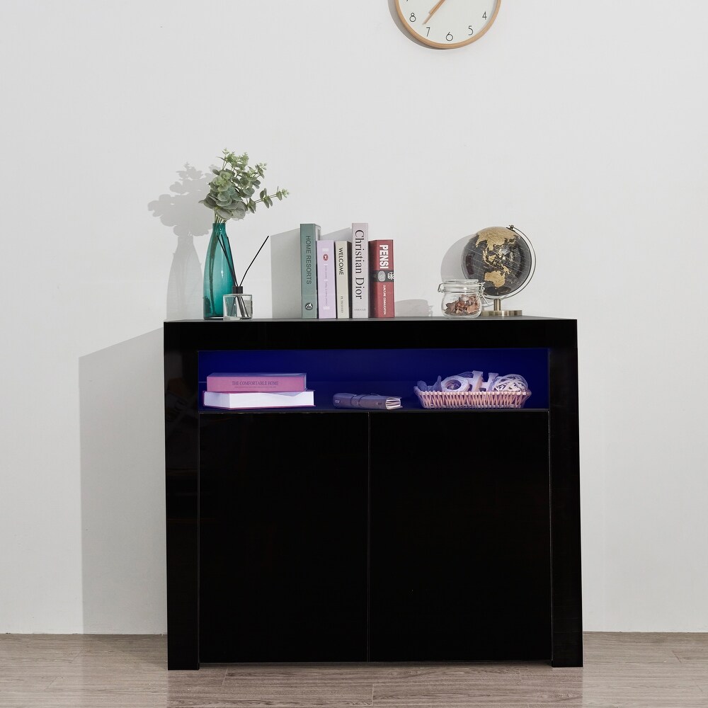 Living Room Sideboard Storage Cabinet Black High Gloss with LED Light  Modern Kitchen Unit Cupboard Buffet Wooden Storage