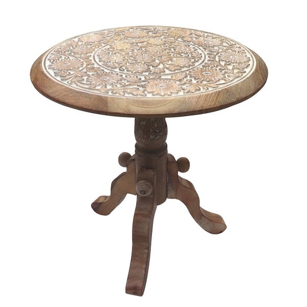 Intricately Carved Round Top Mango Wood Side End Table with Pedestal Base， Brown and White