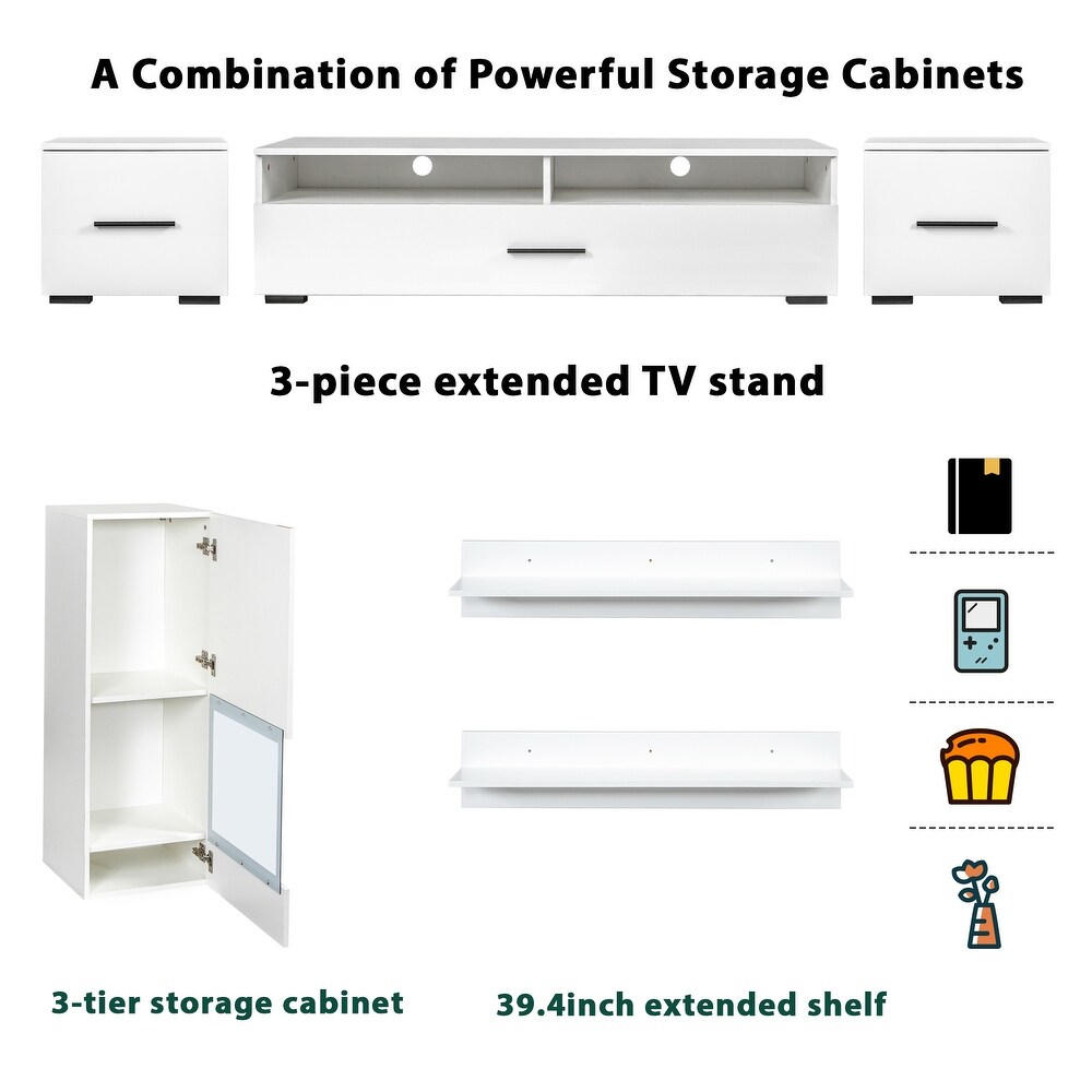 Modern TV Stand with LED Light 7 Pieces Floating TV Stand Set High Gloss Wall Mounted Entertainment Center for 90\