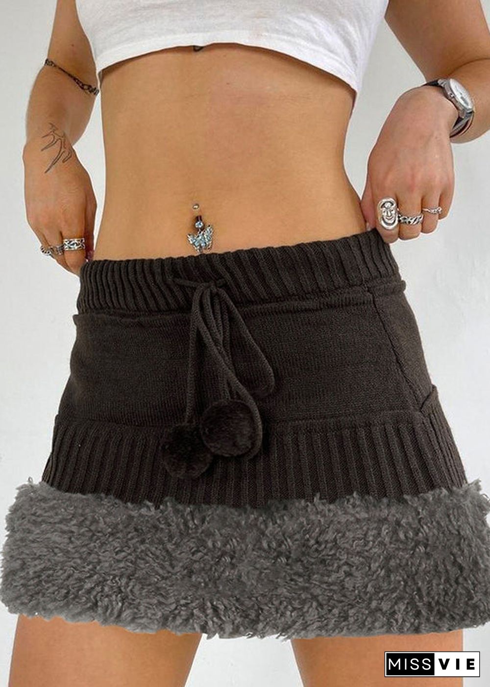 Women Brown Fluffy Elastic Waist Patchwork Knit Skirts Fall