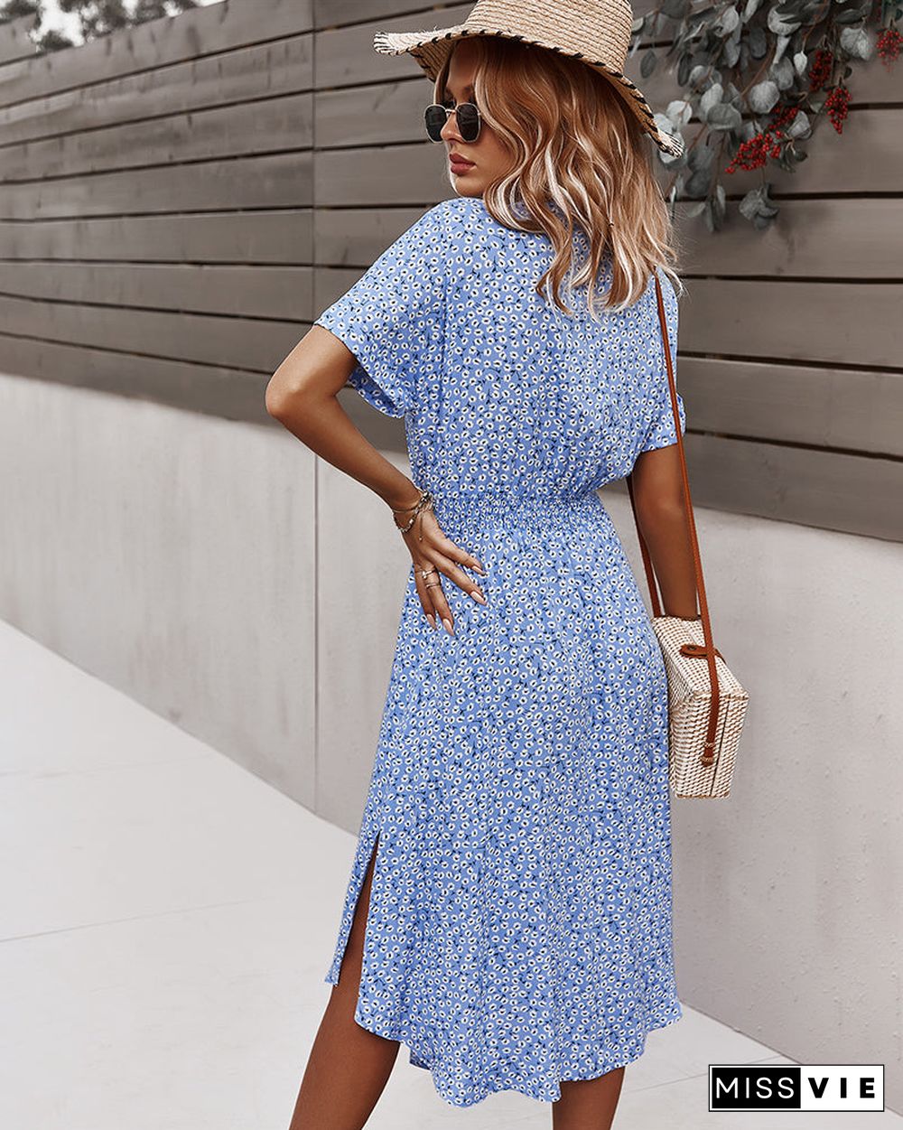 Short Sleeve Tie Waist V Neck Collar Midi Dress