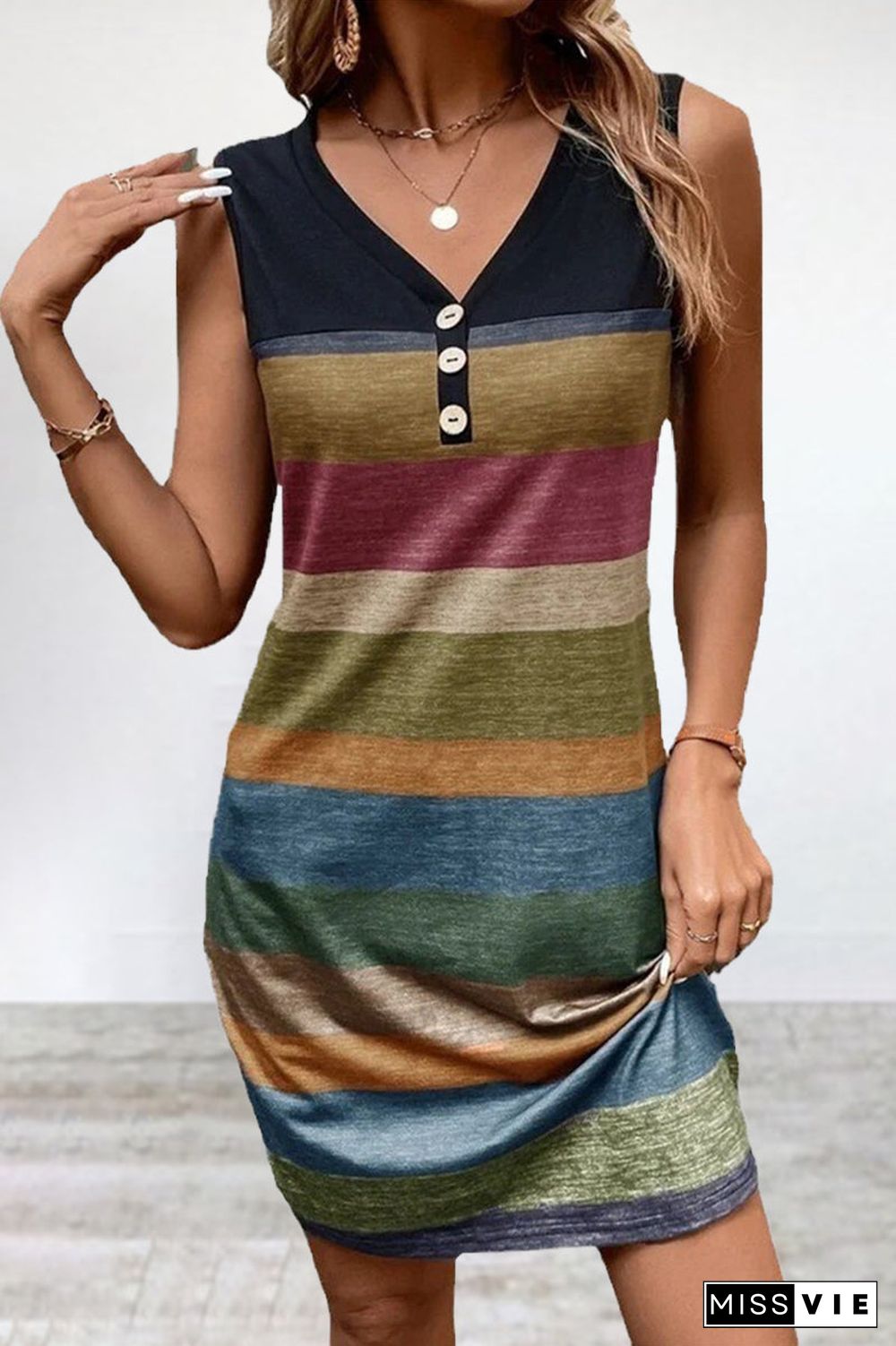 Casual Striped Contrast V Neck Sleeveless Dress Dresses(6 Colors)