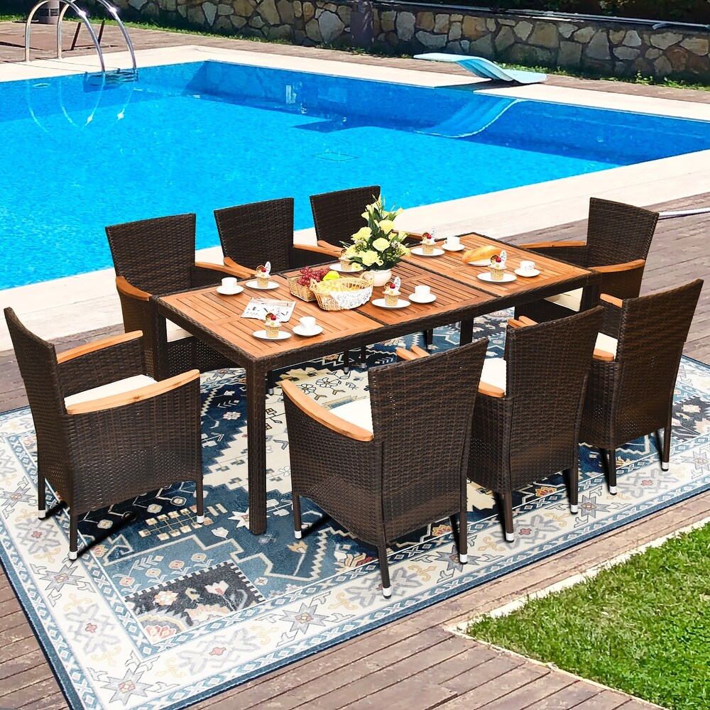 Costway Outdoor Patio 9 PCS Wicker Dining Set w/Acacia Wood Table     9 Piece Sets