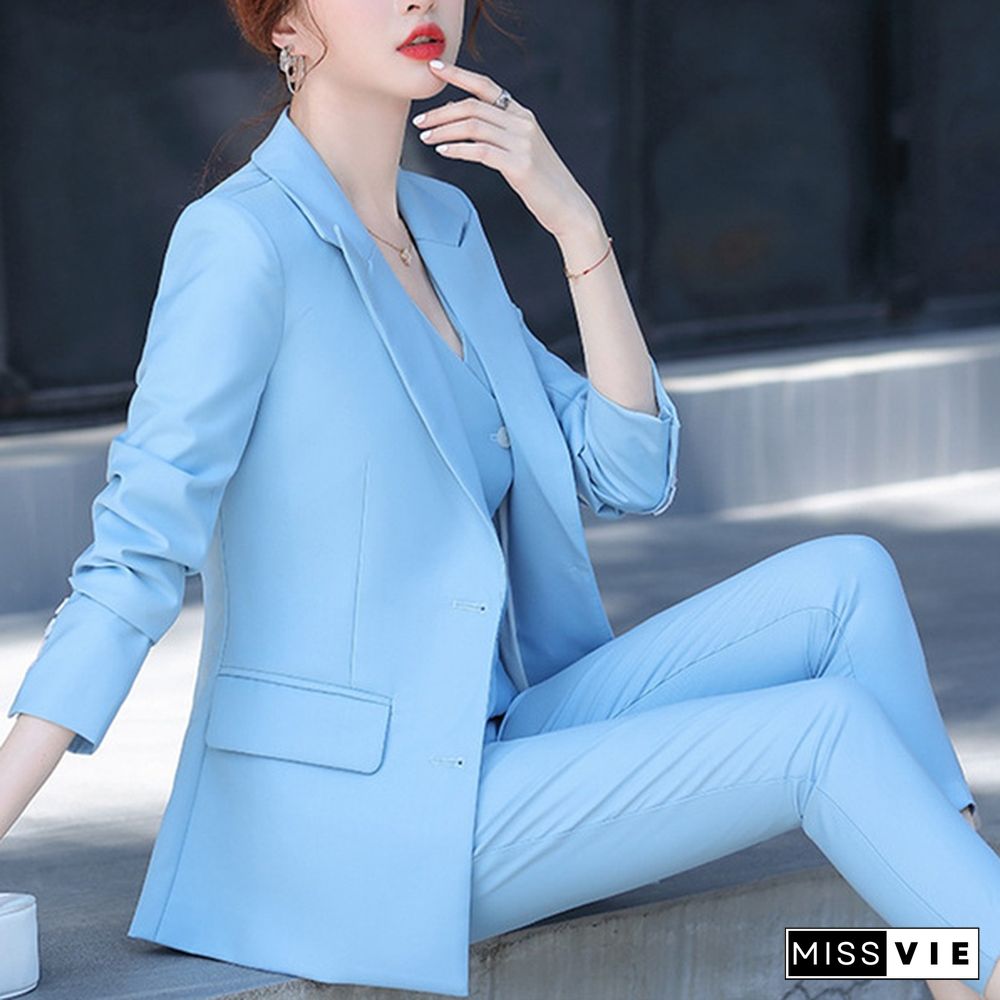 3 Piece Set Women Suits Elegant Ol Slim Blazer Suit+Double Breasted Vest+High Waist Skinny Ankle Length Pants Outfit Sets