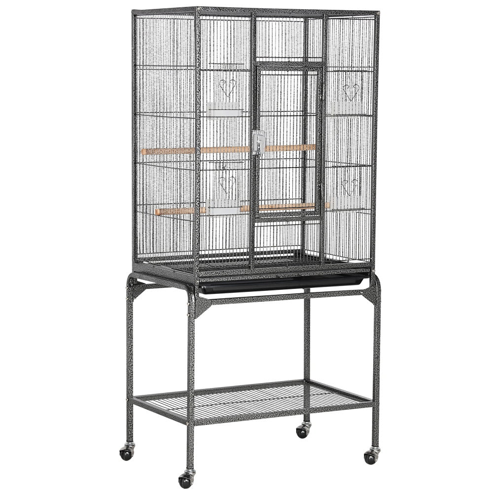 53.7''andnbsp;Metal Rolling Bird Cage with Stand， 4 Feeding Bowls， and 2 Perches， Black