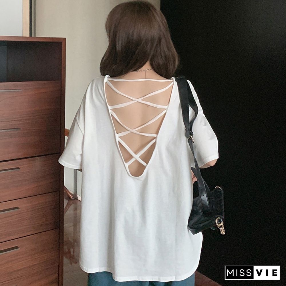 Backless Pure Color Loose T-Shirt