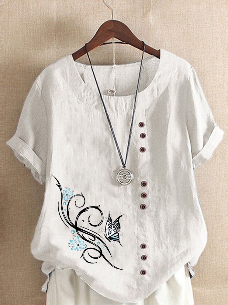 Round Neck Casual Loose Butterfly Print Short Sleeve Blouse