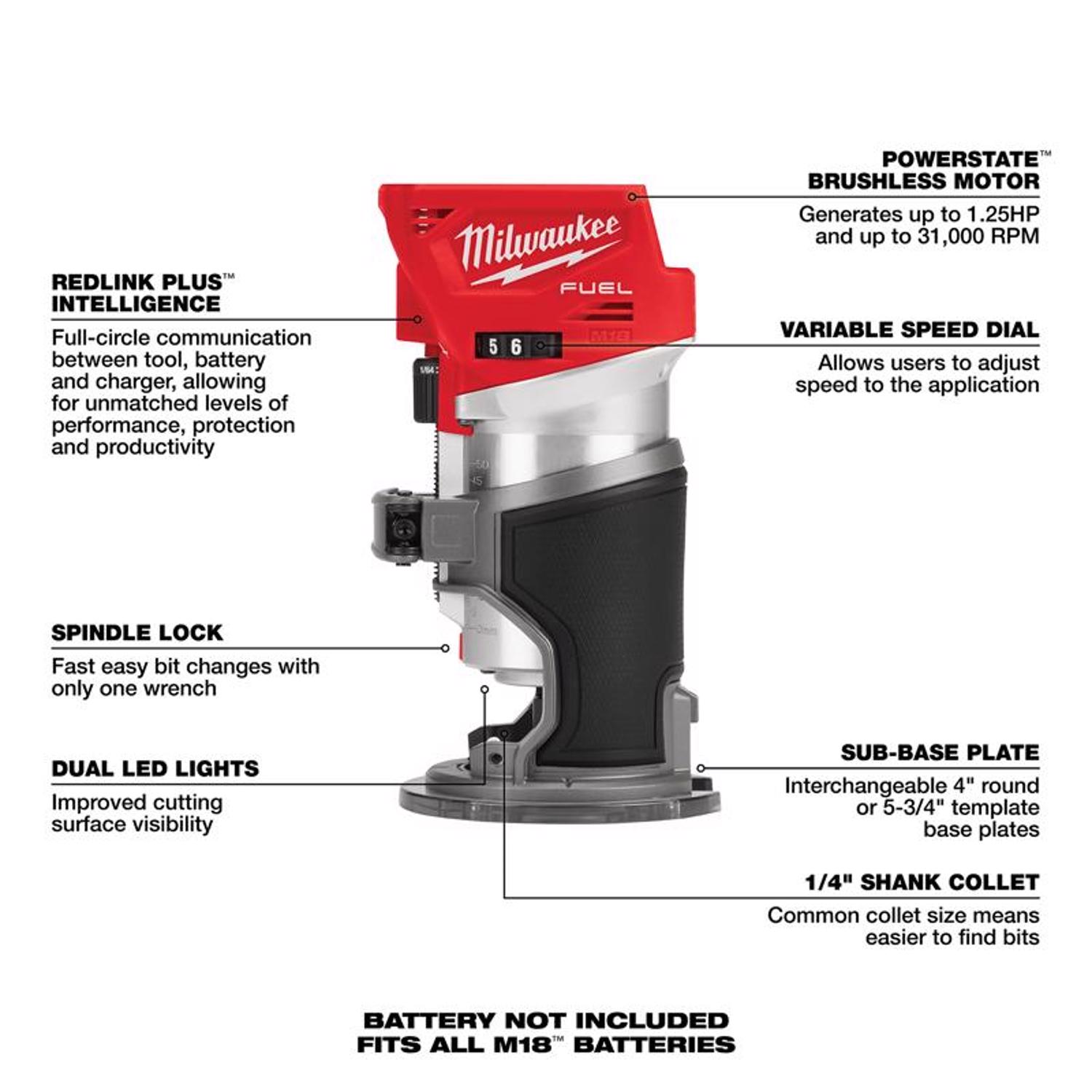 MW M18 Fuel 18 V 1.25 HP Cordless Compact Router Tool Only