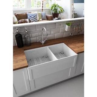 Empire Industries Delux Fireclay 33 in. Double Bowl Farmhouse Kitchen Sink with Workstation DER33D