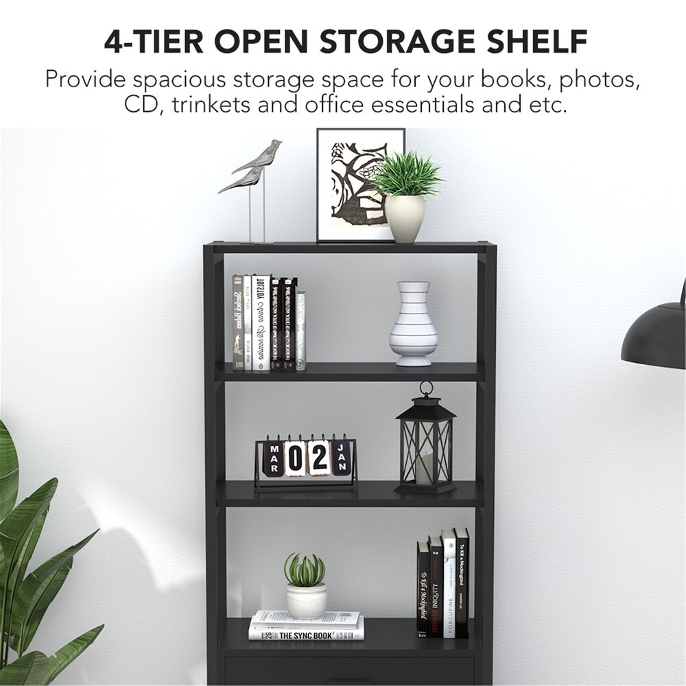 Bookcase Bookshelf  4 Tier Modern File Cabinet with 2 Drawers