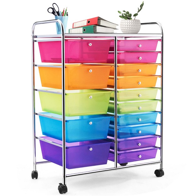 Costway 15 Drawer Rolling Storage Cart Tools Scrapbook Paper Office School Organizer Colorful