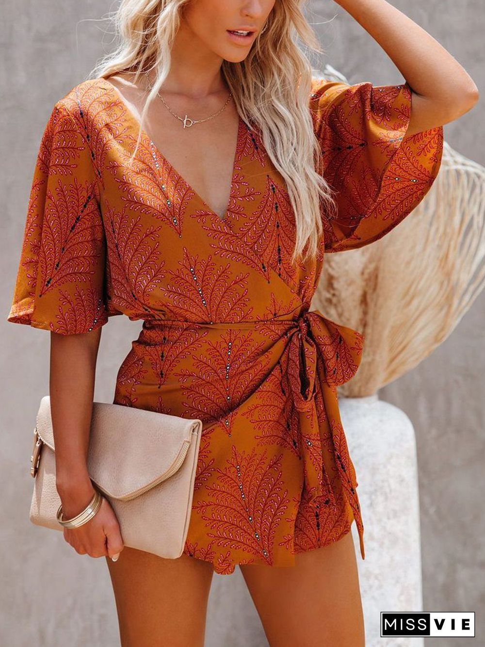 Unique V-neck Cutout Back Printed Romper P16109