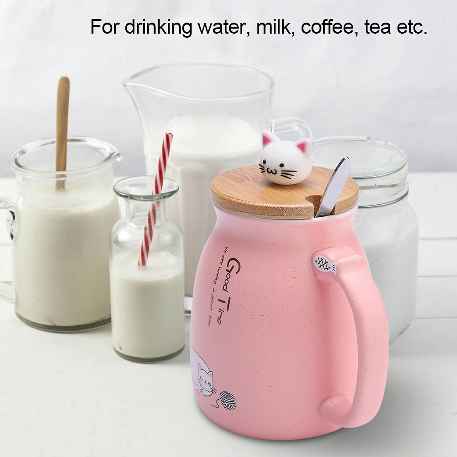 1Pc Lovely Cat Ceramic Cup with Spoon and Lid Coffee Water Milk Mug for Drinkware Gift(Pink)