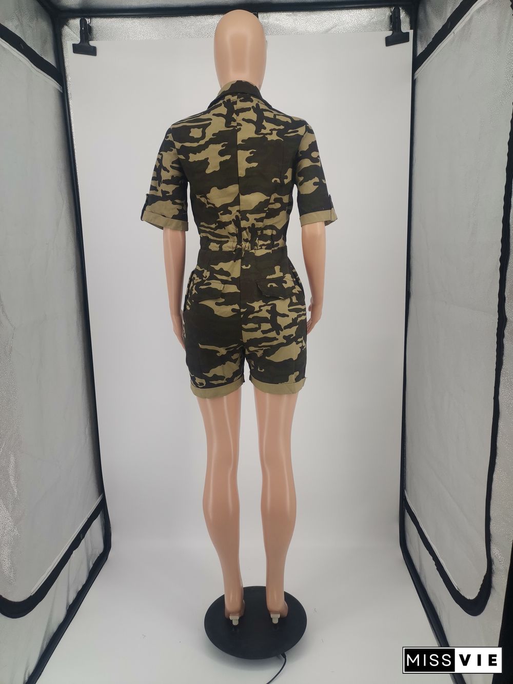 Camo Short Sleeve Turn Down Collar Zipper Romper