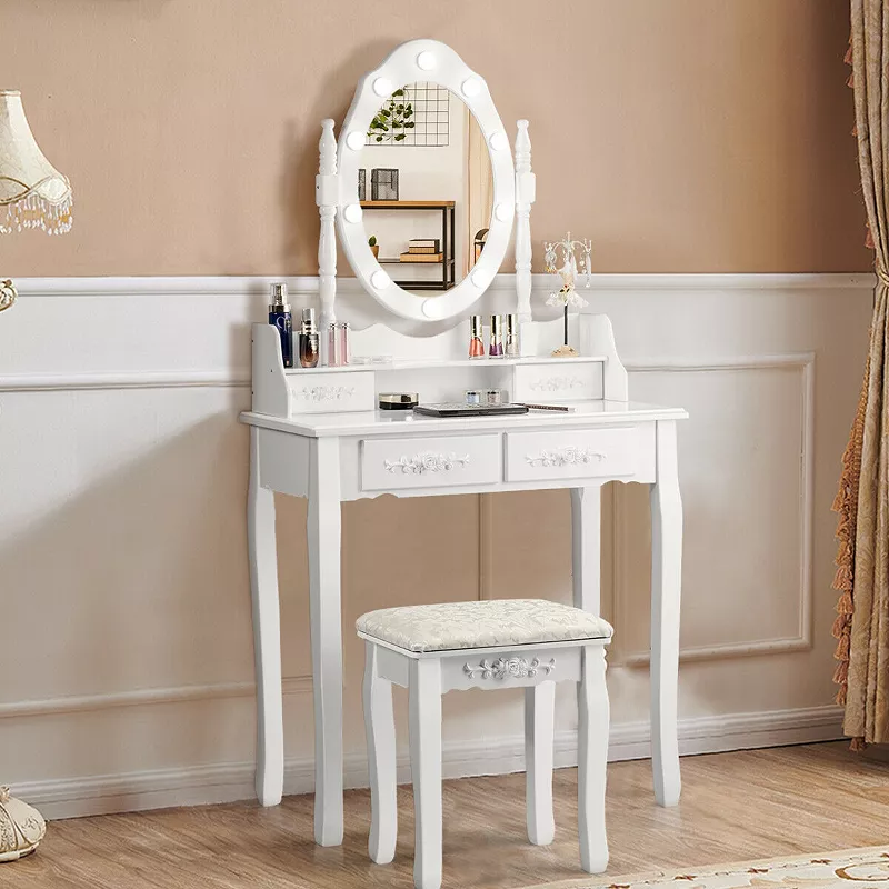 Makeup Vanity Dressing Table Set with Dimmable Bulbs Cushioned Stool