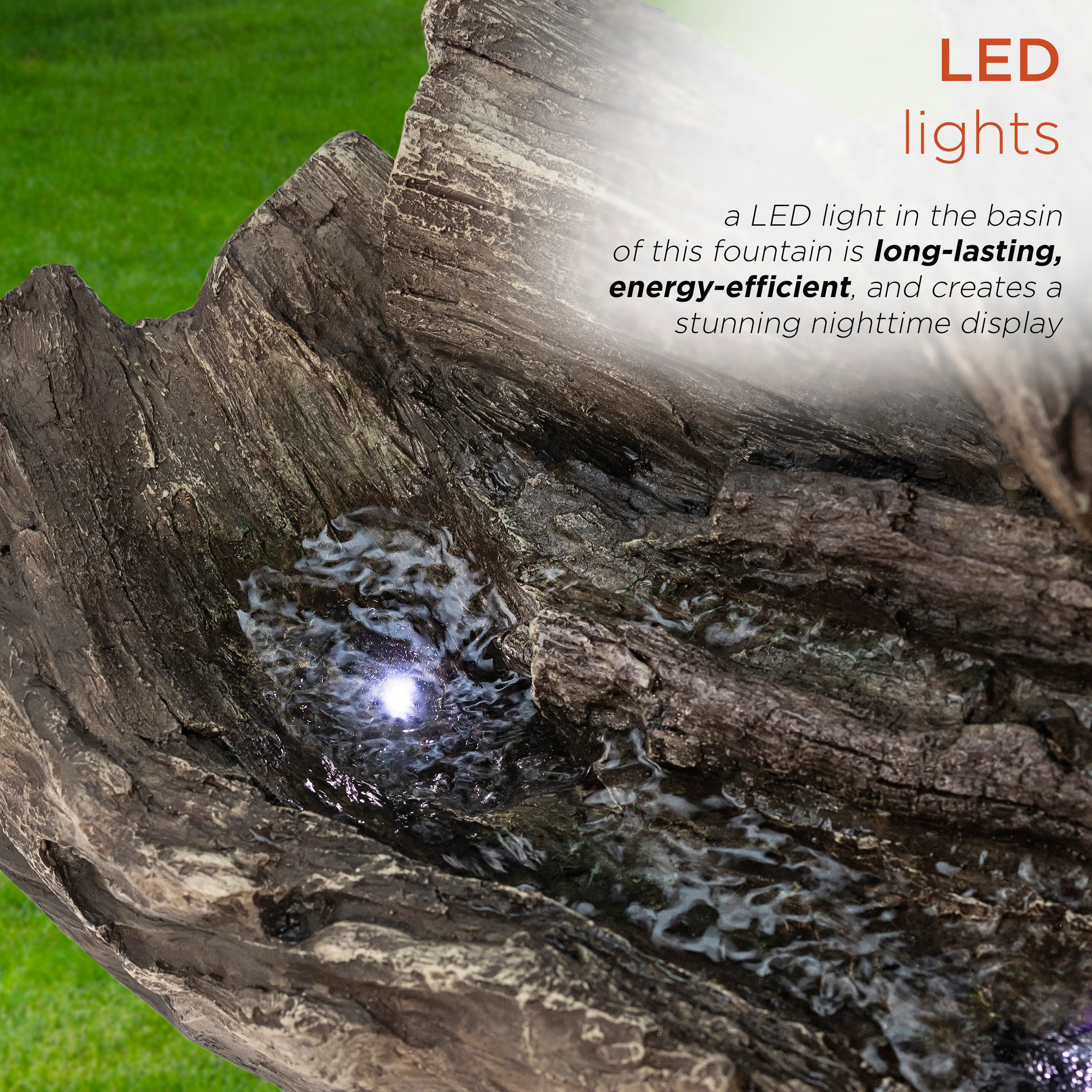 Alpine Corporation Outdoor 3-Tier Fallen Tree Trunk Water Fountain with LED Lights