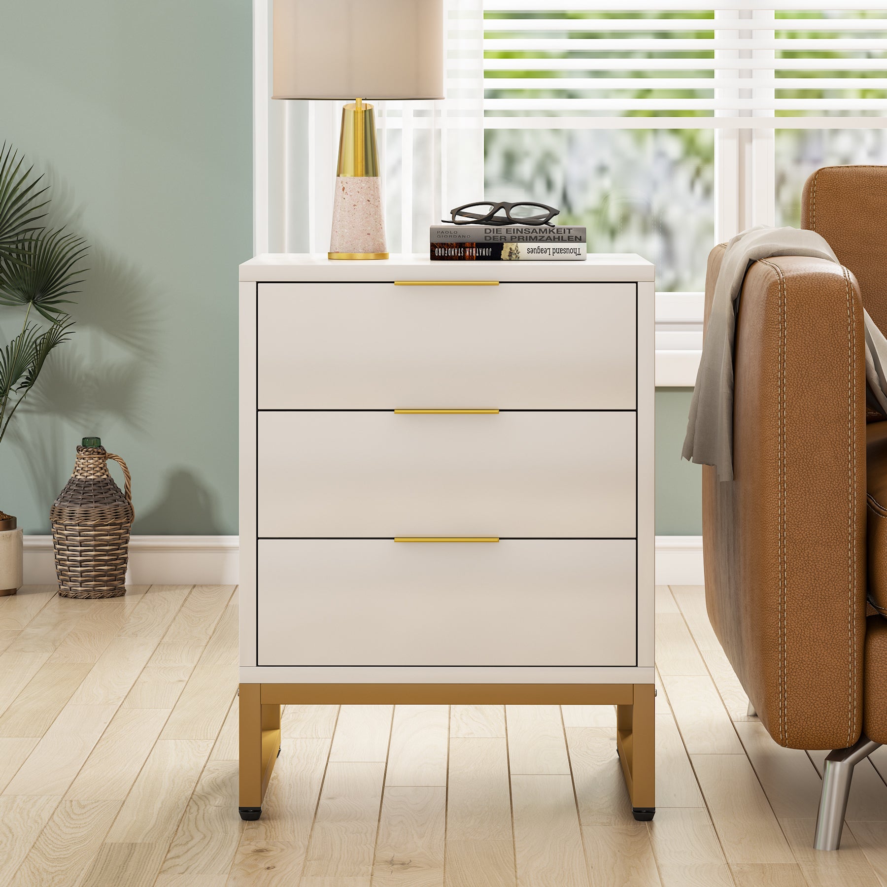 3 Drawers Nightstand, Modern Bedside End Table with Metal Frame