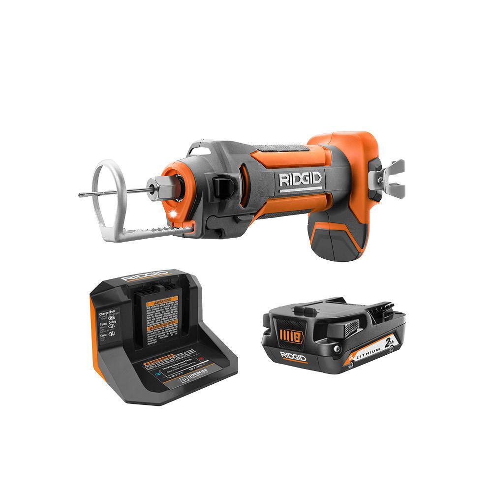 RIDGID 18V Cordless Drywall Cut-Out Tool Kit with Drywall Bits Collets Belt Hook 18V Lithium-Ion 2.0 Ah Battery and Charger R84730B-AC9302