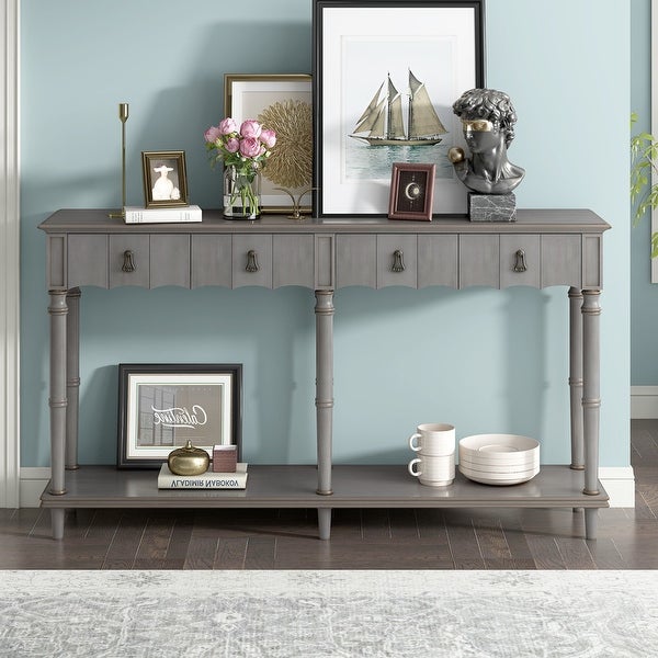 Rustic console desk， 58-inch long desk sofa， 3 drawers and three middle compartments