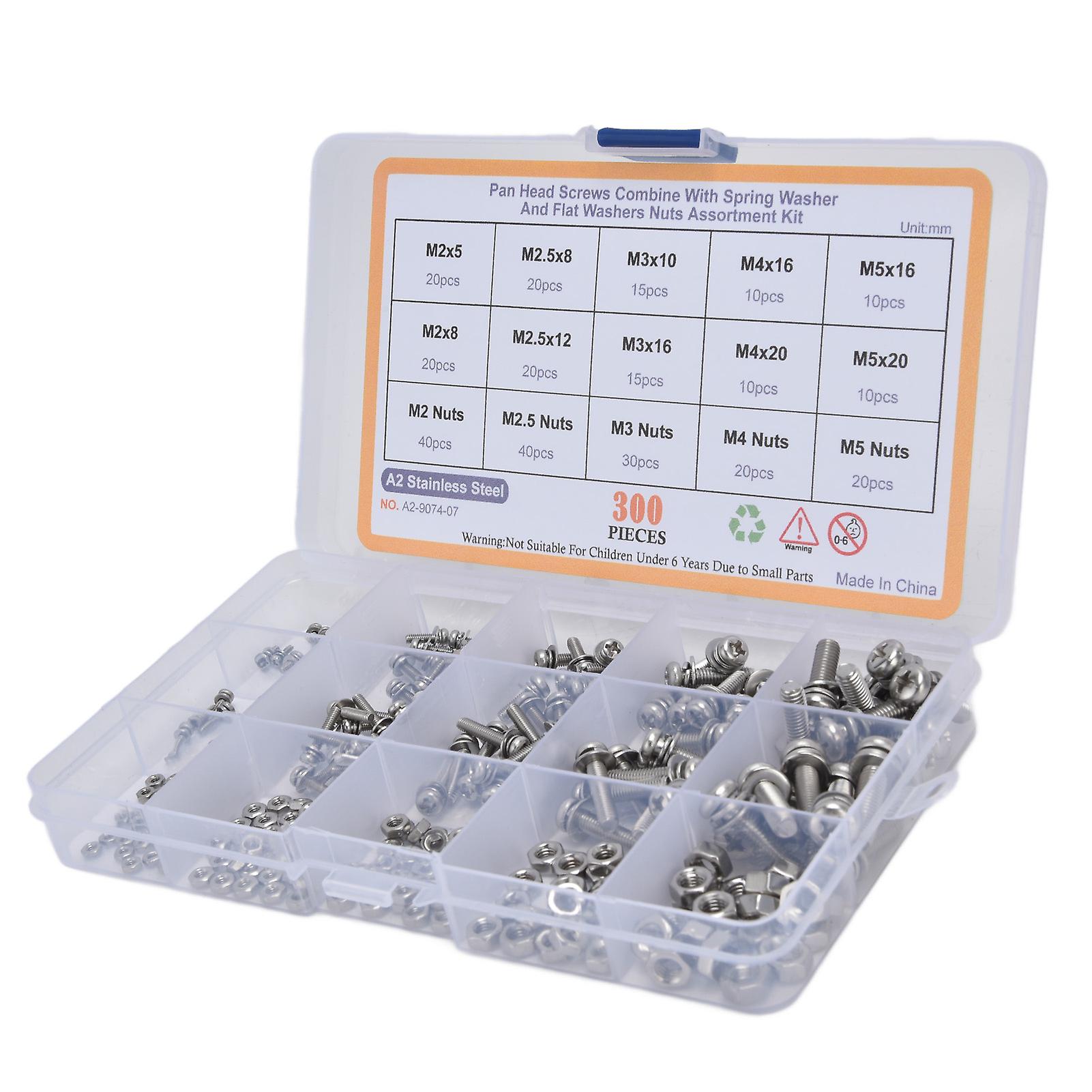 300Pcs Screws Washer Nuts Kit 304 Stainless Steel Cross Pan Head Screw for Professionals