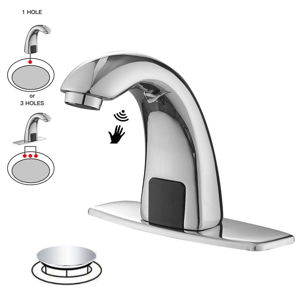 BWE Automatic Sensor Touchless Bathroom Sink Faucet With Deck Plate and Pop Up Drain In Polished Chrome