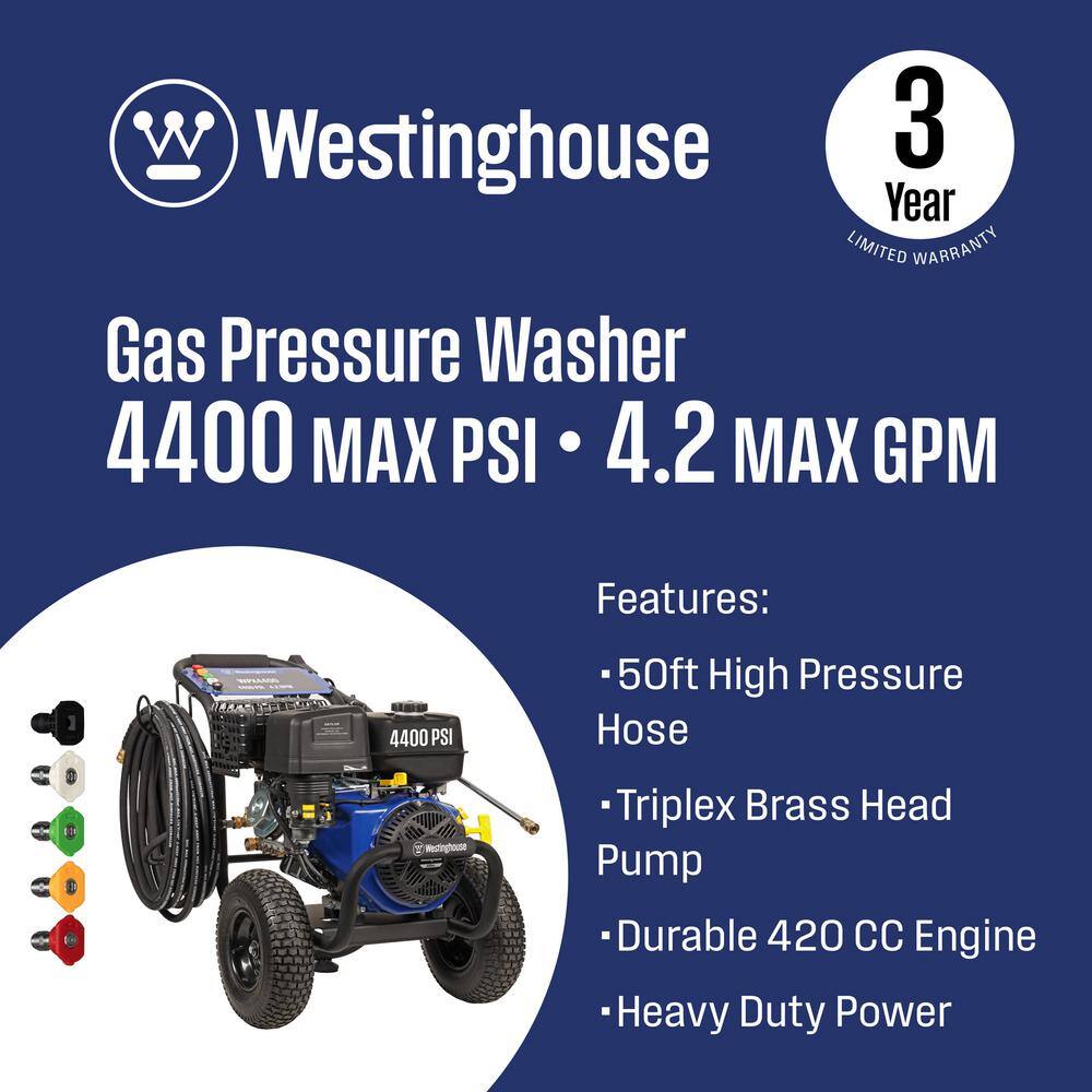 Westinghouse WPX 4400 psi 4.2 GPM 420 CC Cold Water Gas Powered Triplex Pump Pressure Washer with 5 Quick Connect Nozzles WPX4400