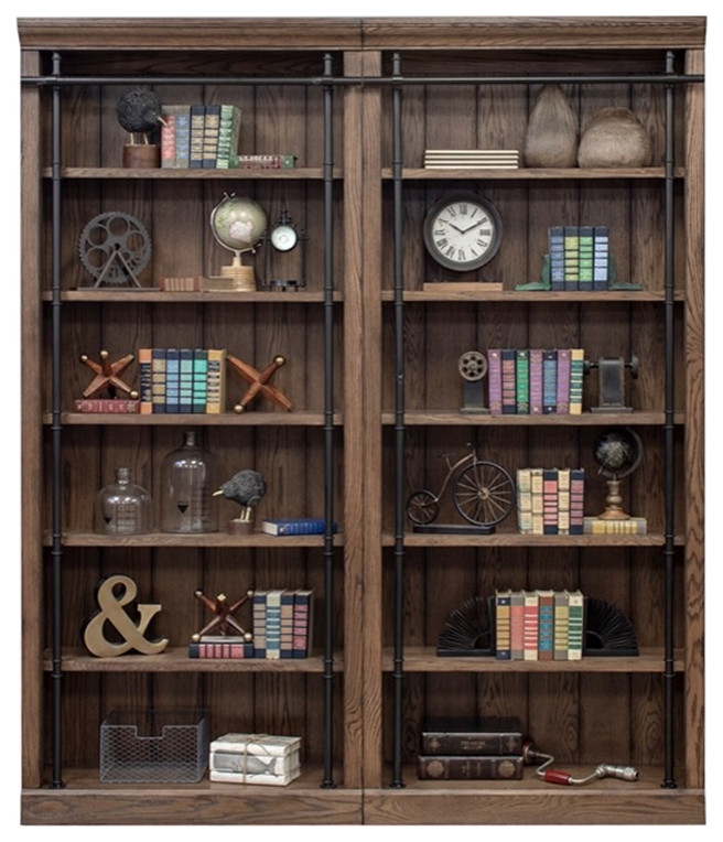 Bowery Hill 2 pc 5 Adjustable Shelf Tall Modern Wood Bookcase in Oak   Industrial   Bookcases   by Homesquare  Houzz