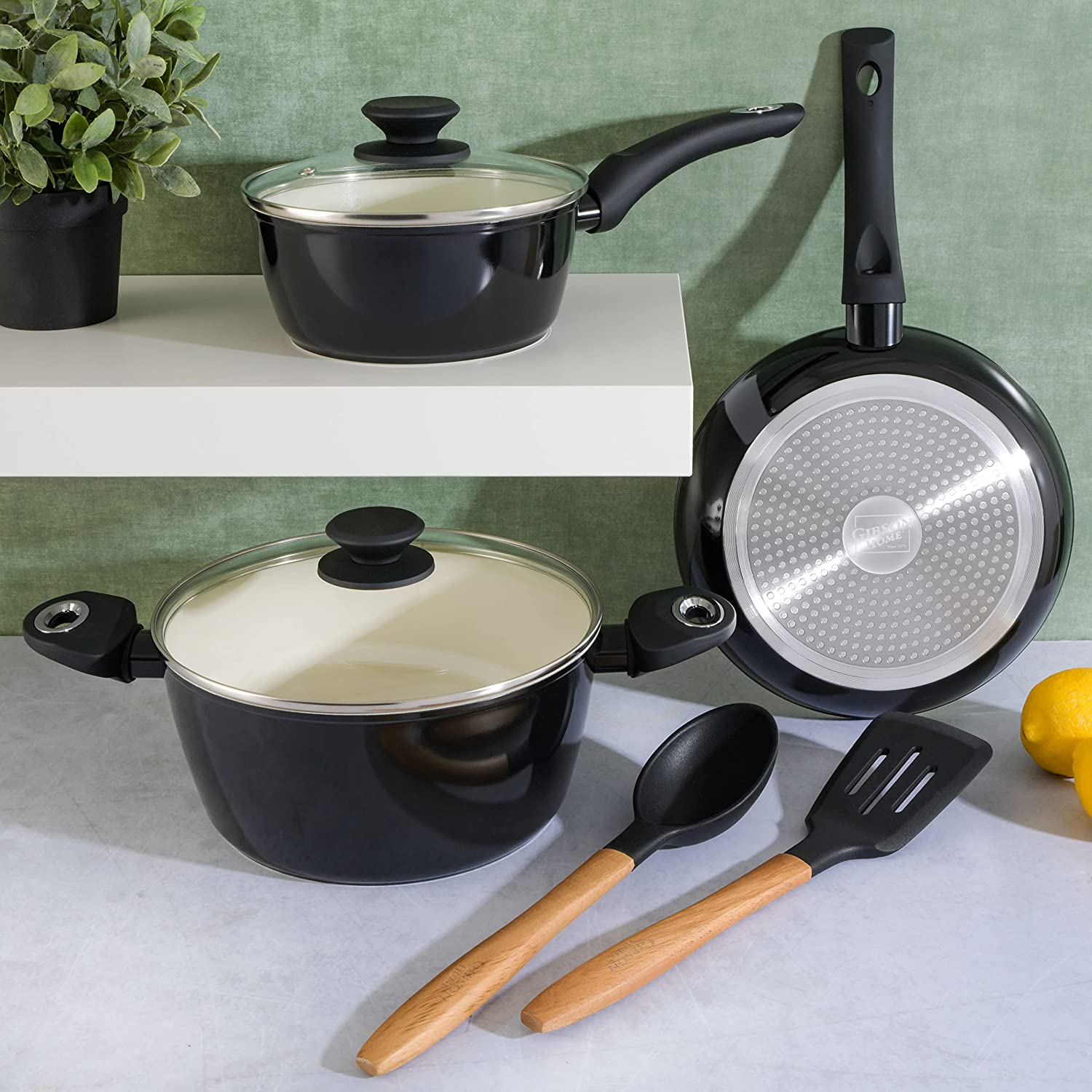 Gibson Home Plaza Café Forged Aluminum 7 Piece Healthy Ceramic Interior w/ Bakelite Handles Pots and Pans Cookware Set – Black