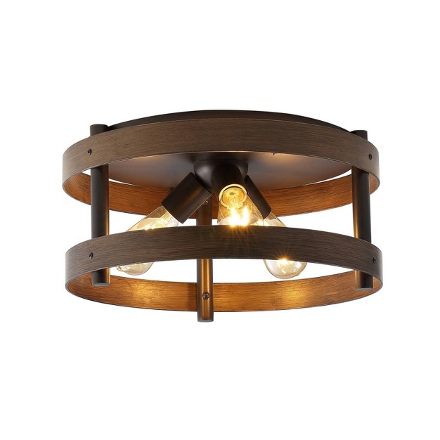 3 light Cooper Farmhouse Industrial Iron Led Flush Mount Brown Wood Finished oil Rubbed Bronze Jonathan Y