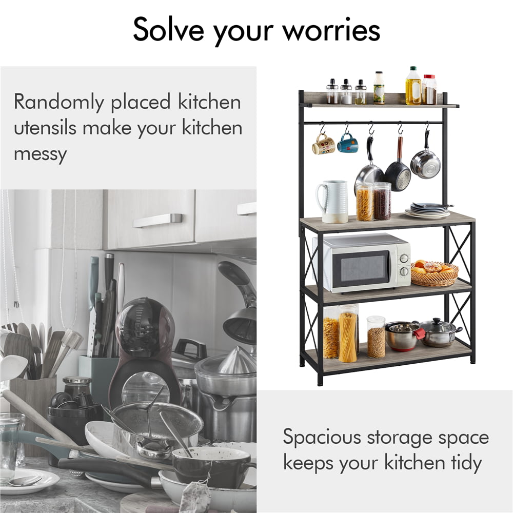 SmileMart 4-Tier Bakers Rack Kitchen Storage Shelf with S-Hooks， Gray