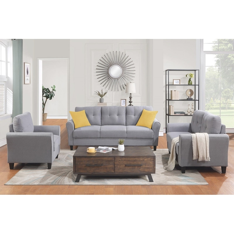 Modern Living Room Sofa Set  Linen Upholstered Couch Furniture for Home or Office  Light Grey Blue