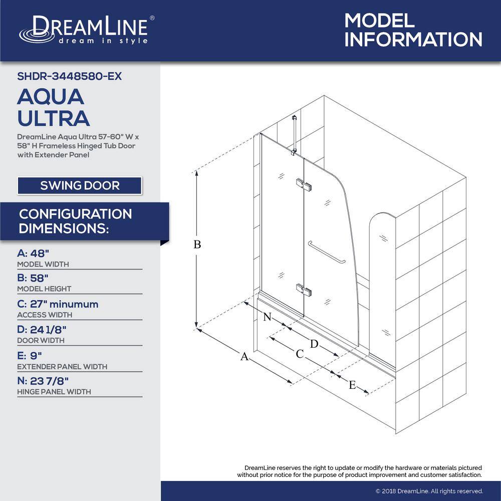 DreamLine Aqua Ultra 57 to 60 in. x 58 in. Semi-Frameless Hinged Tub Door with Extender in Chrome SHDR-3448580-EX-01