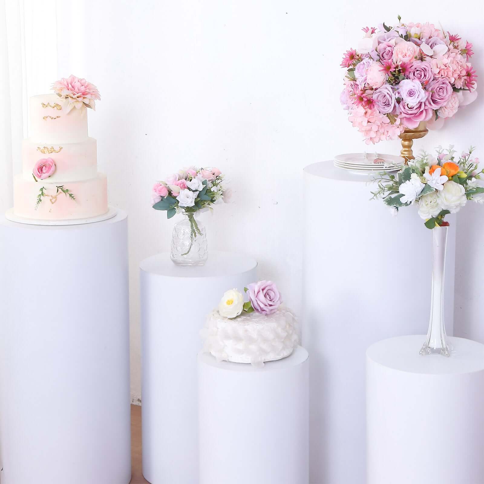 Set of 5 White Metal Cylinder Pillar Prop Stands For Wedding Aisle, Round Plinth Pedestal Display Boxes - 20