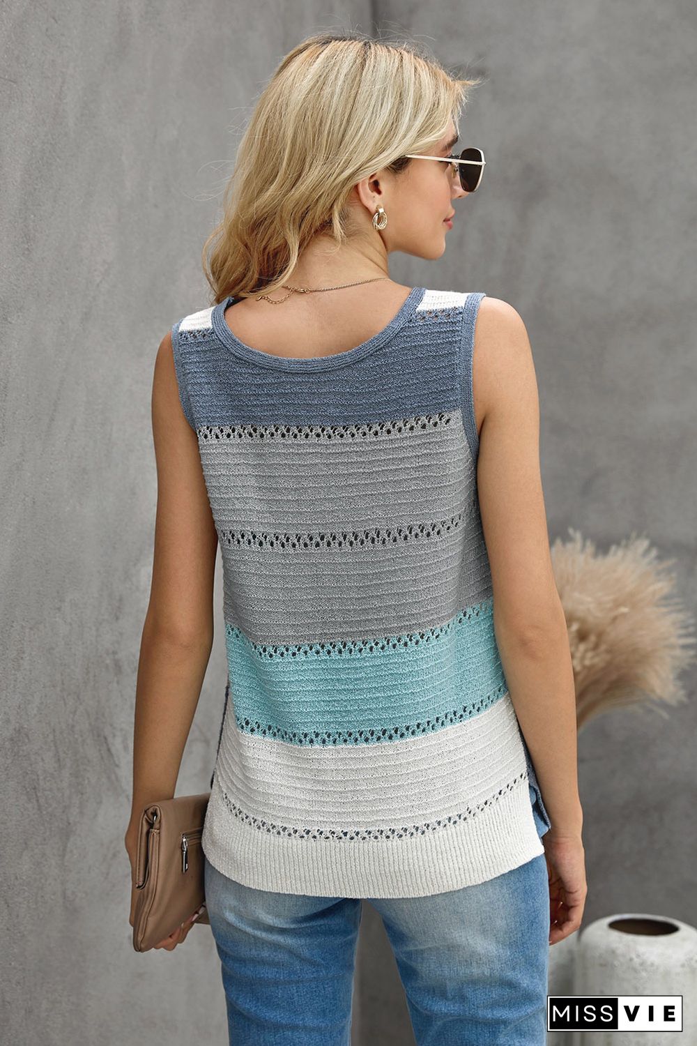 Sky Blue Color Block Knitted Tank Top