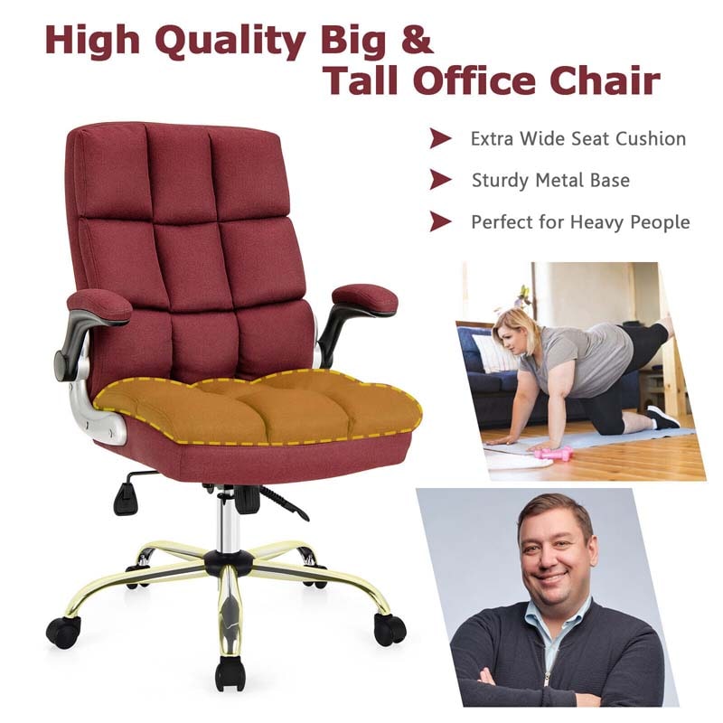 Linen Fabric Thick Padding Big & Tall Executive Office Chair with Flip-up Armrest, Swivel High Back Computer Desk Chair