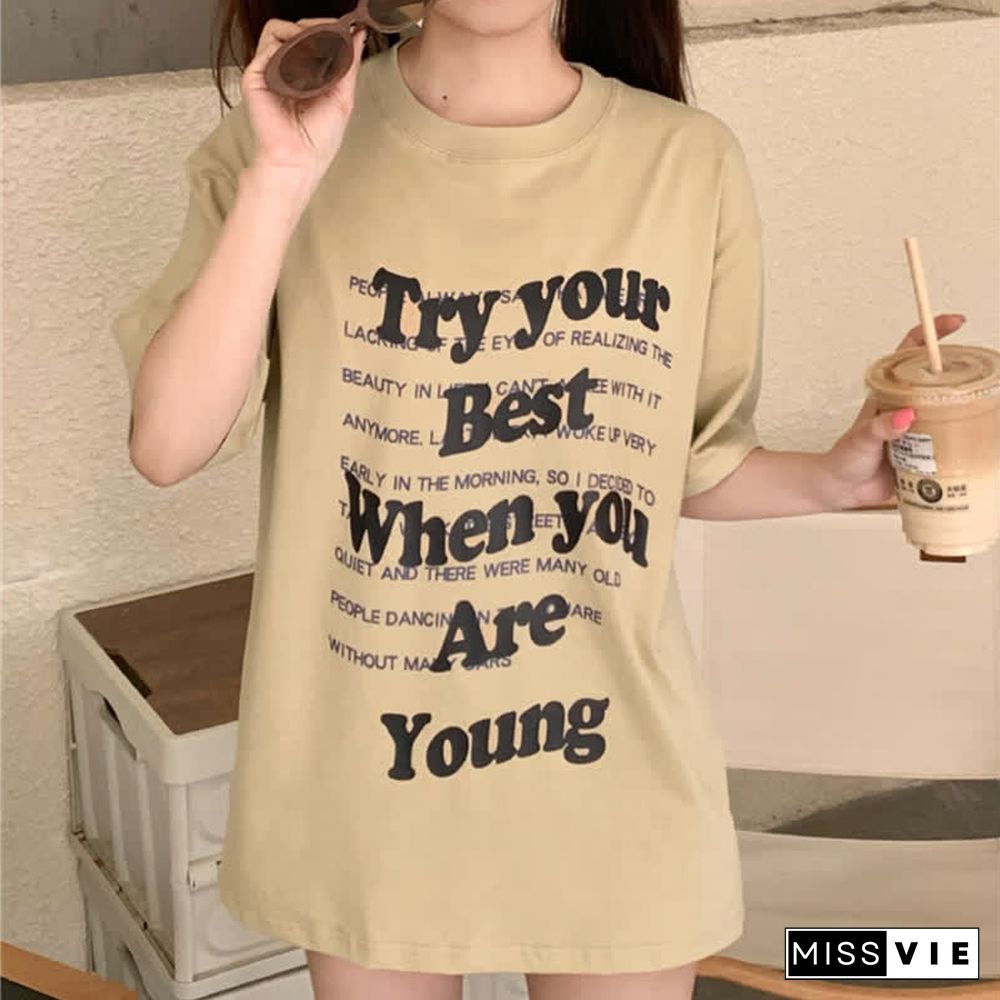 Chic Letter Print Round Collar Oversized T-Shirt