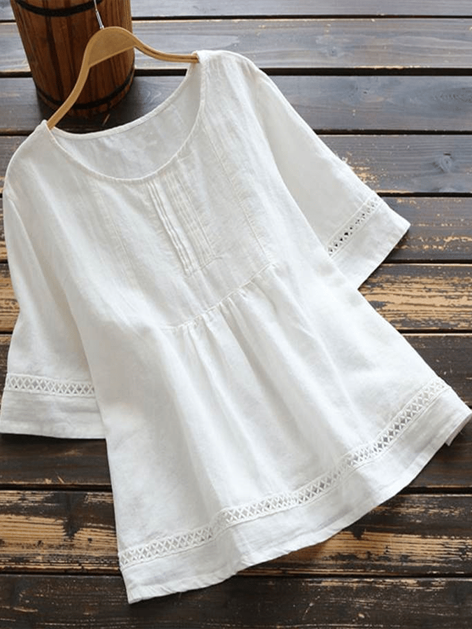 Women's Solid Color Round Neck Patchwork Hollow Out Shirt