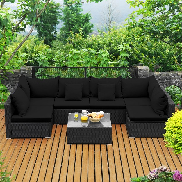 Costway 7pcs Patio Rattan Sofa Set Sectional Conversation Furniture Set Garden Black