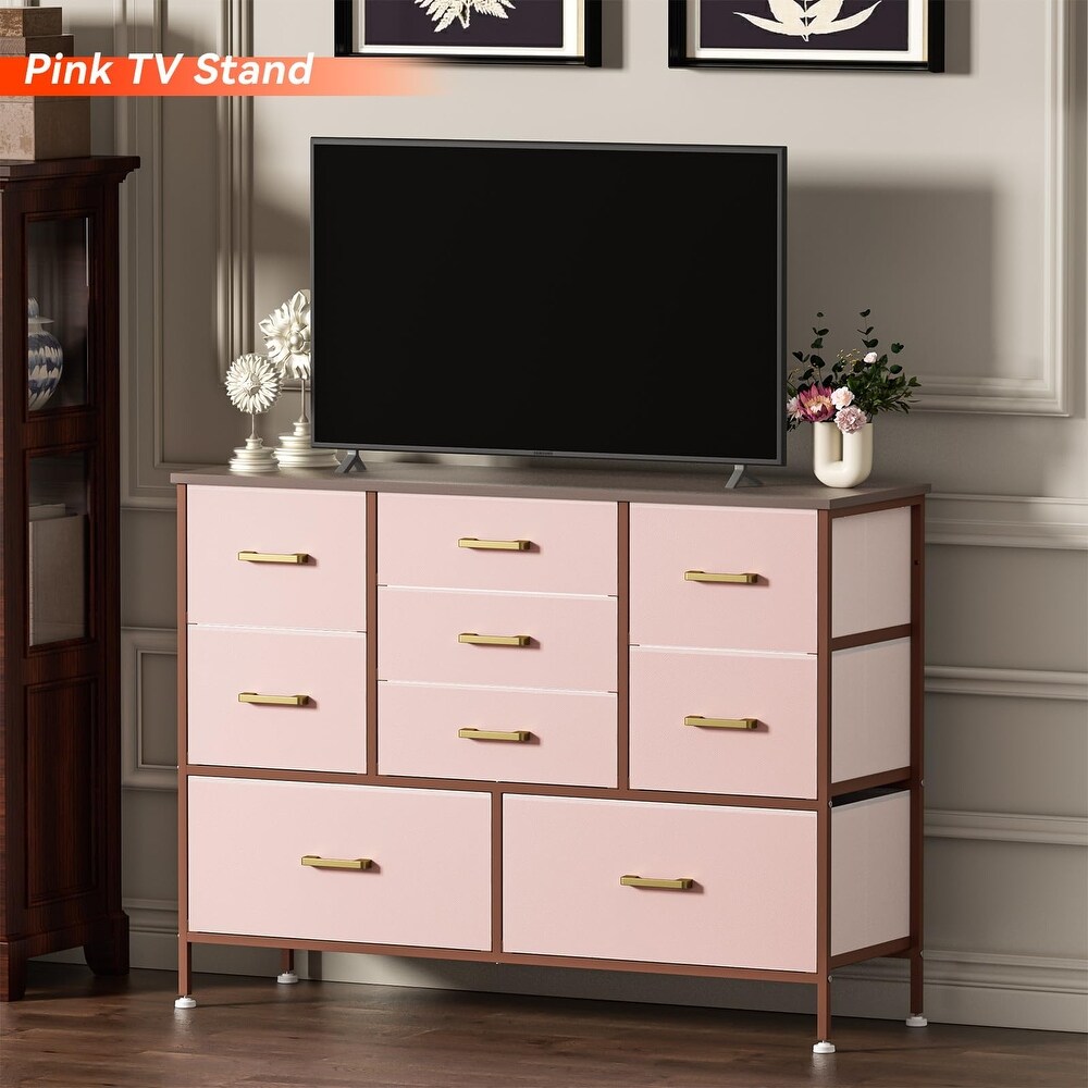 Wide Dresser TV Stand Entertainment Center with 9 Drawers for 50'' TV with Leather Front  Metal Handles  Large Chest of Drawers