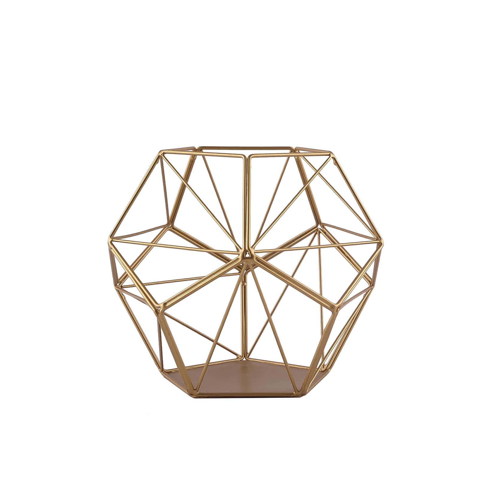 Gold Metal Pentagon Prism Tealight Candle Holder, Open Frame Geometric Flower Stand 7